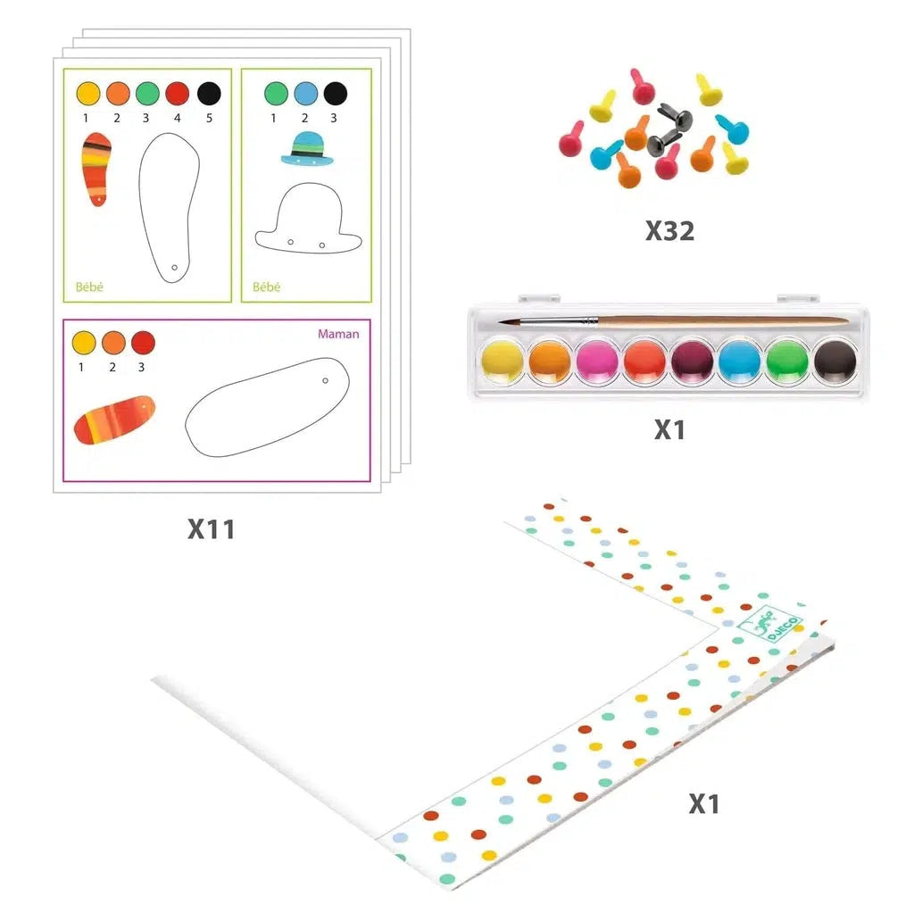 Image of the included pieces to the craft kit. It includes instruction sheets, paint, and attaching pins. 