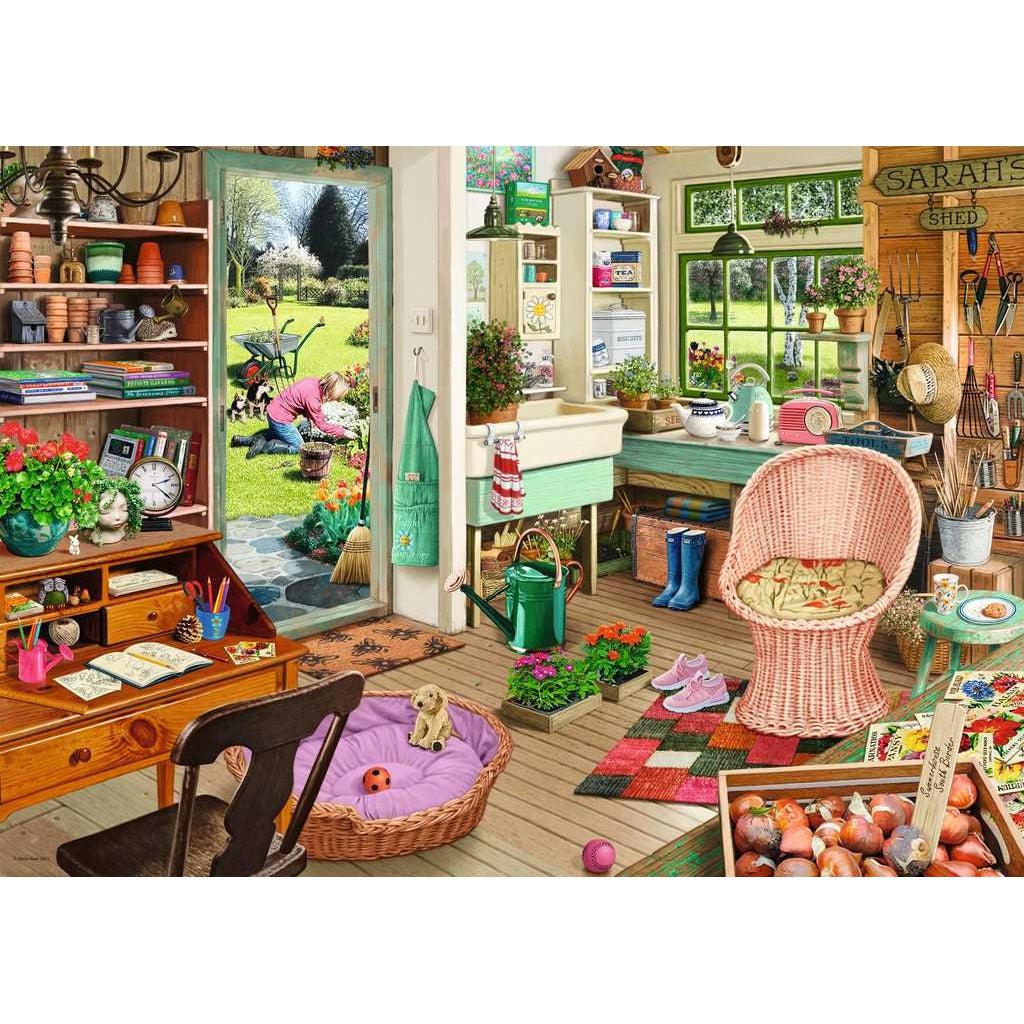 Image of puzzle | Wide view of a garden shed | A variety of items such as plants, tools, knickknacks, and furniture are placed around the room. | A woman is gardening outside.