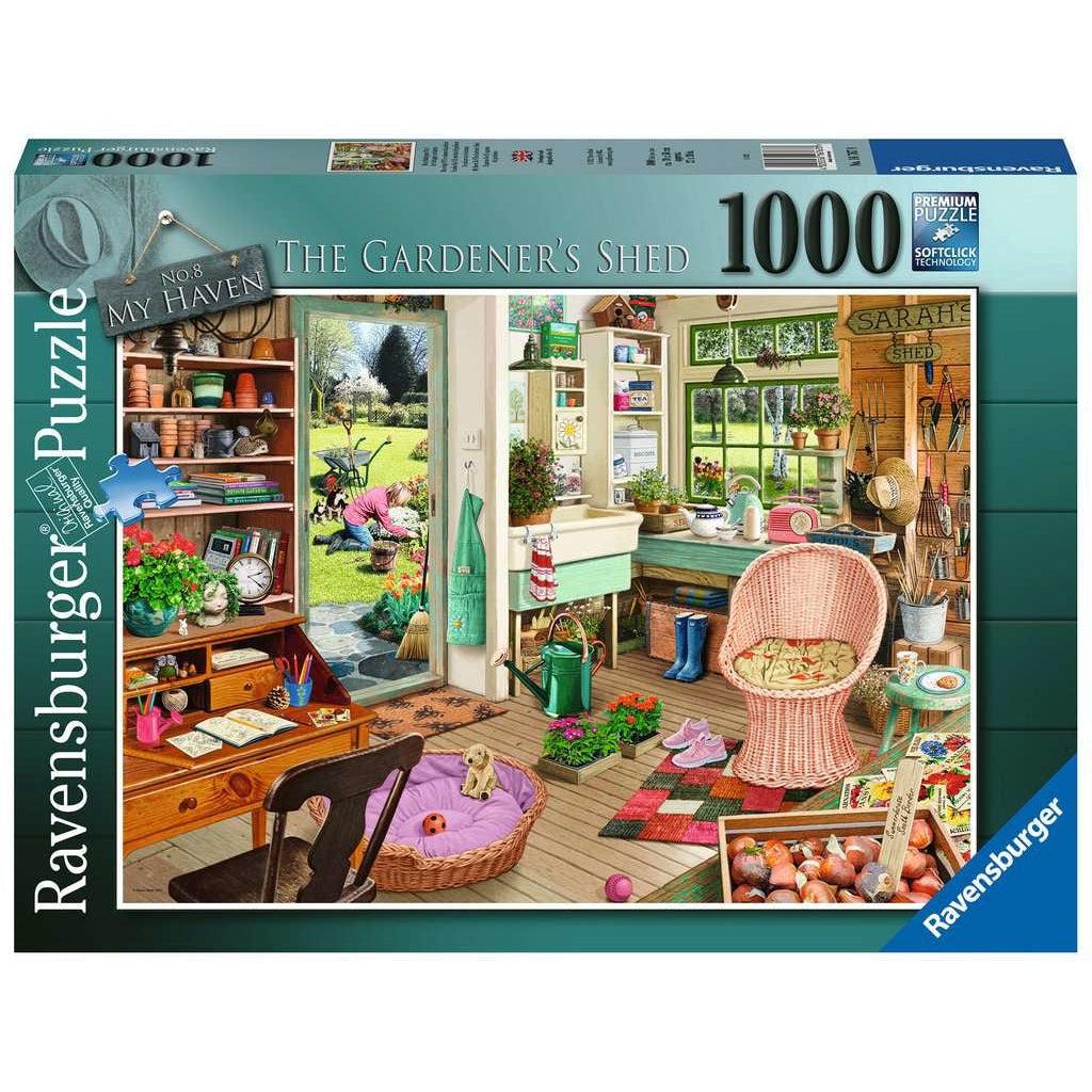 Ravensburger puzzle box  No. 8 of the My Haven collection || Image on front is a wide view of the inside of a gardening shed including an open door to the yard outside | 1000pcs