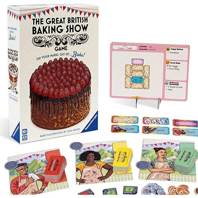 The box is shown behind the game contents laying on a table. There are 3 baker cards in view, a bake card on a stand, and ingredient cards visible