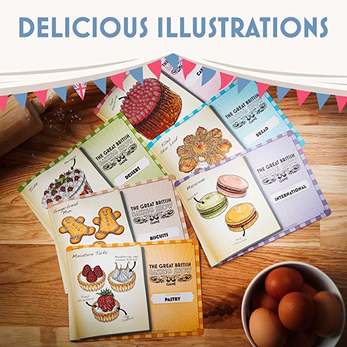 Text Reads: Delicious Illustrations | 6 cards showing various foods like macaroons and gingerbread men are shown on a cutting board with an actual rolling pin and bowl of eggs to the sides