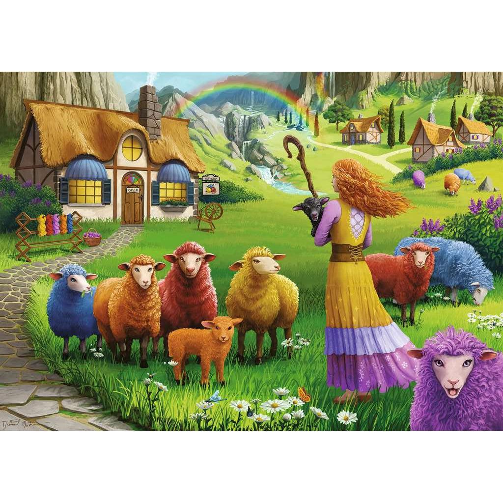 Image of puzzle | A shepherdess looks over her flock of rainbow sheep, in the background a sprawling meadow, rainbow, and her yarn shop