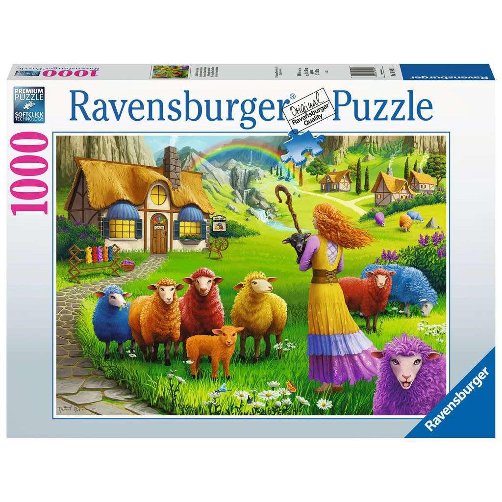 Ravensburger puzzle box | Image of shepherdess with a flock of rainbow sheep | 1000pcs