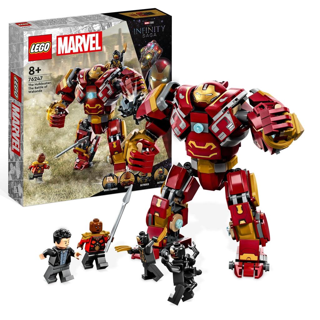 The lego set is displayed in front of its box | There are 4 lego minifigures, and a large lego hulkbuster armor