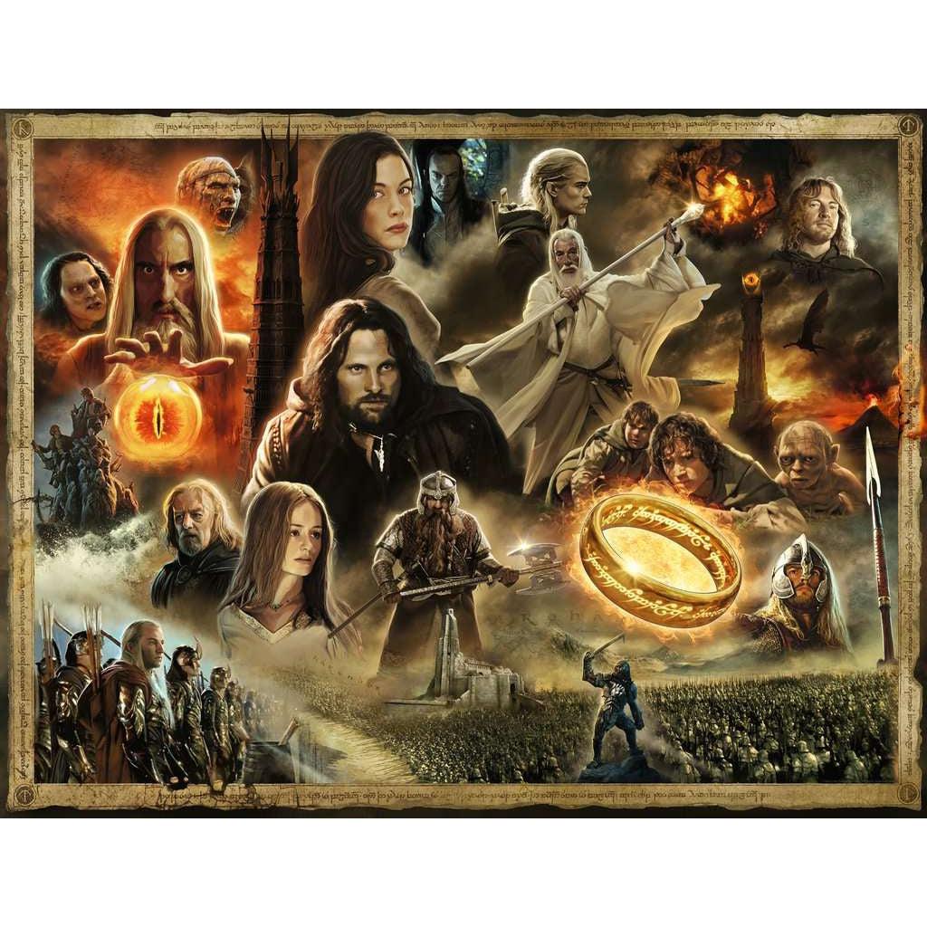 Puzzle image | The image has a map-like border with text. Characters from Lord of the Rings are collaged into a single image. | The ring and the Eye of Sauron are easily identifiable in the image.