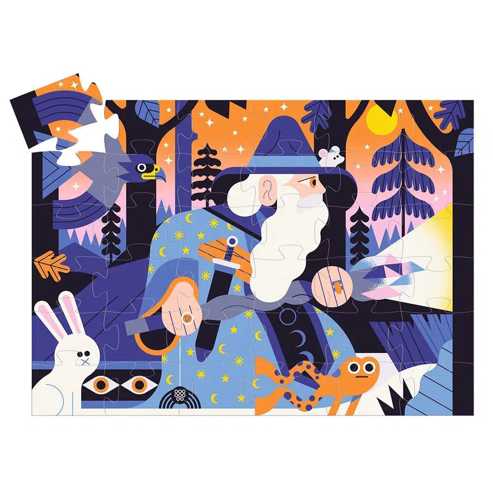 Image of the completed puzzle. It is a cartoon puzzle of a wizard in the dusk woods. He is surrounded by various forest animals.