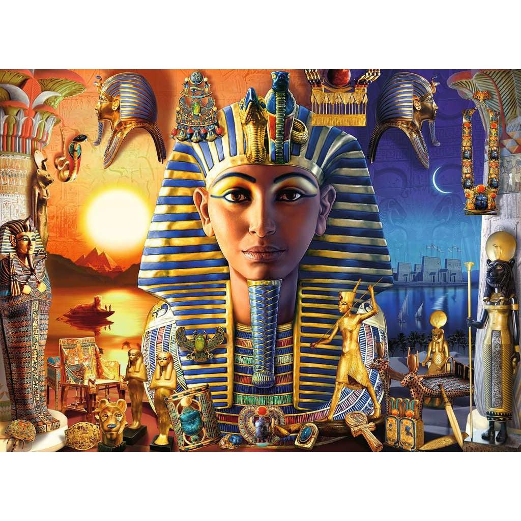 Puzzle Image | Large image of King Tut's head with day and night scenes on right and left | Items that were placed in King Tut's tomb are scattered throughout the image. | Items include sarcophagi, jewelry, statues, tools, and more.