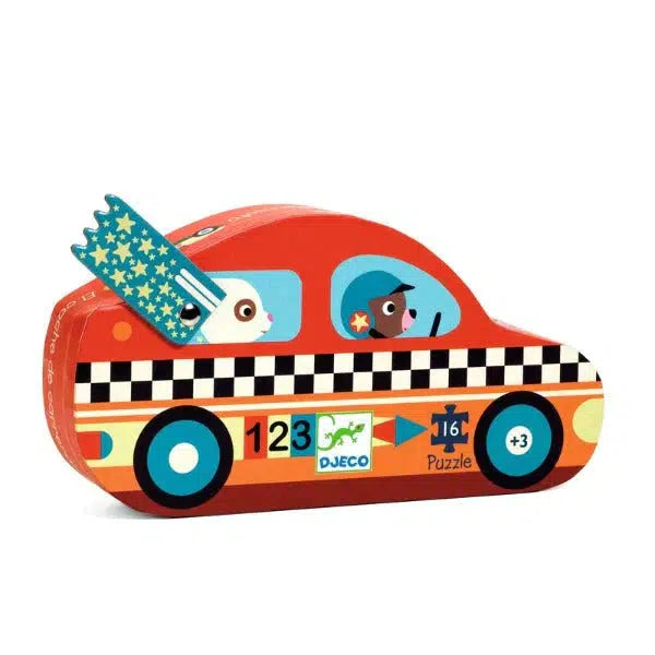 Image of the box for The Racing Car puzzle. The box is in the shape of a race car.