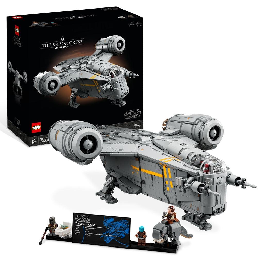 The space ship and the included display stand for minifigures are both shown in front of the box. The ship is a long rectangular base with two jet wing turbines extending from the middle and to the sides.