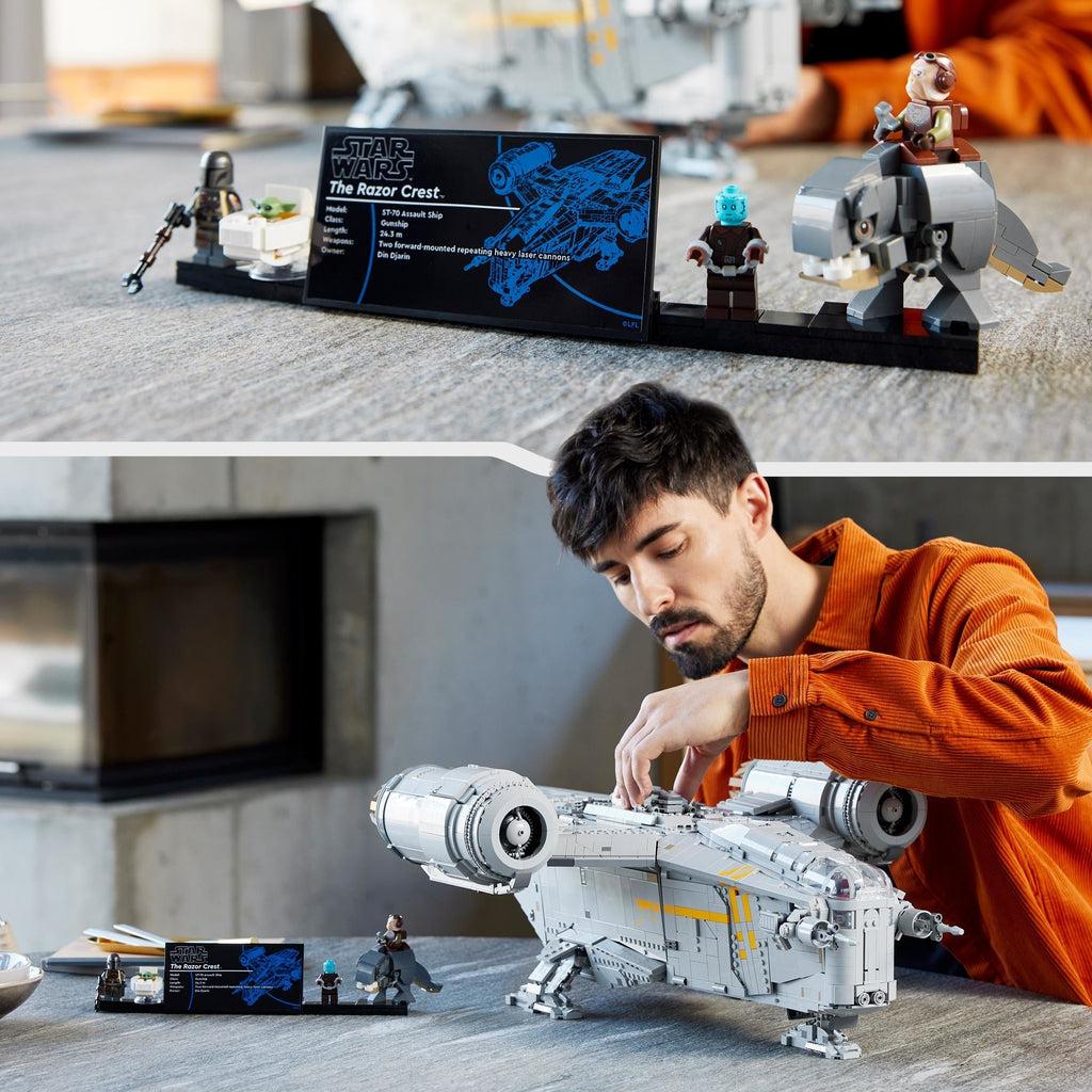 A man is shown putting the last piece on the spaceship and there is a closeup of the minifigure display stand with all 5 figures on it.