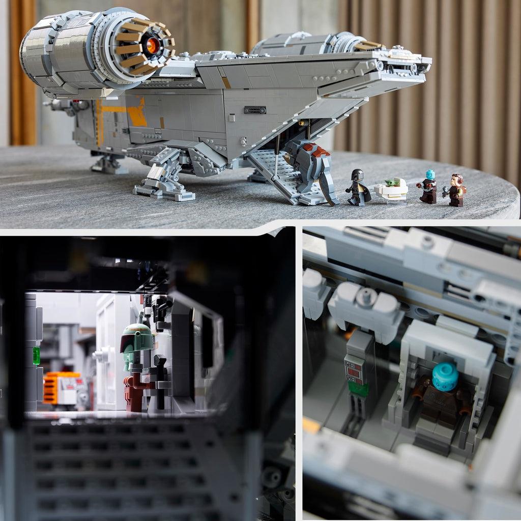 The rear door is shown open with the minifigures posed like they are walking into it. The carbonite freezing station and the inside of the hull are shown as well.