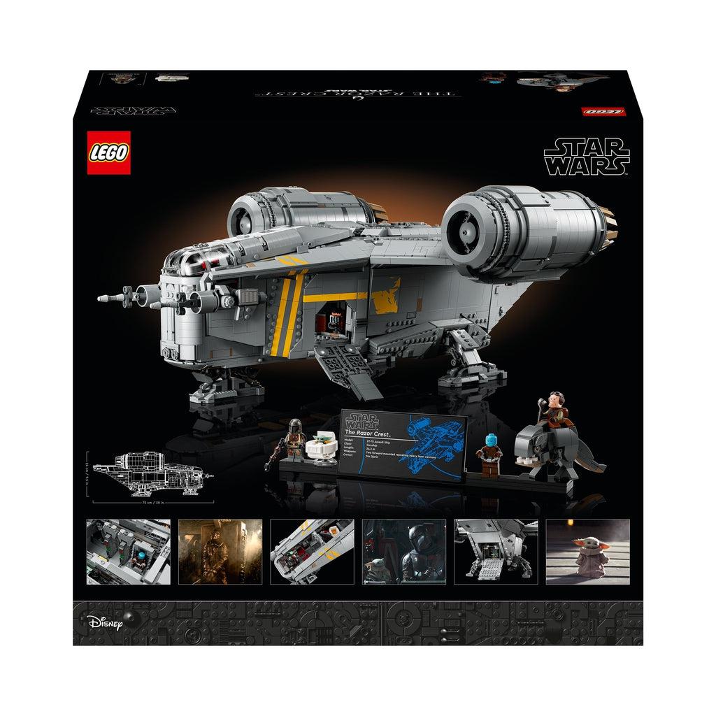 The back of the box shows the ship with it's side entrance hatch open and the minifig display stand shown in front of it. There are also small versions of the previous images shown along the bottom of the box