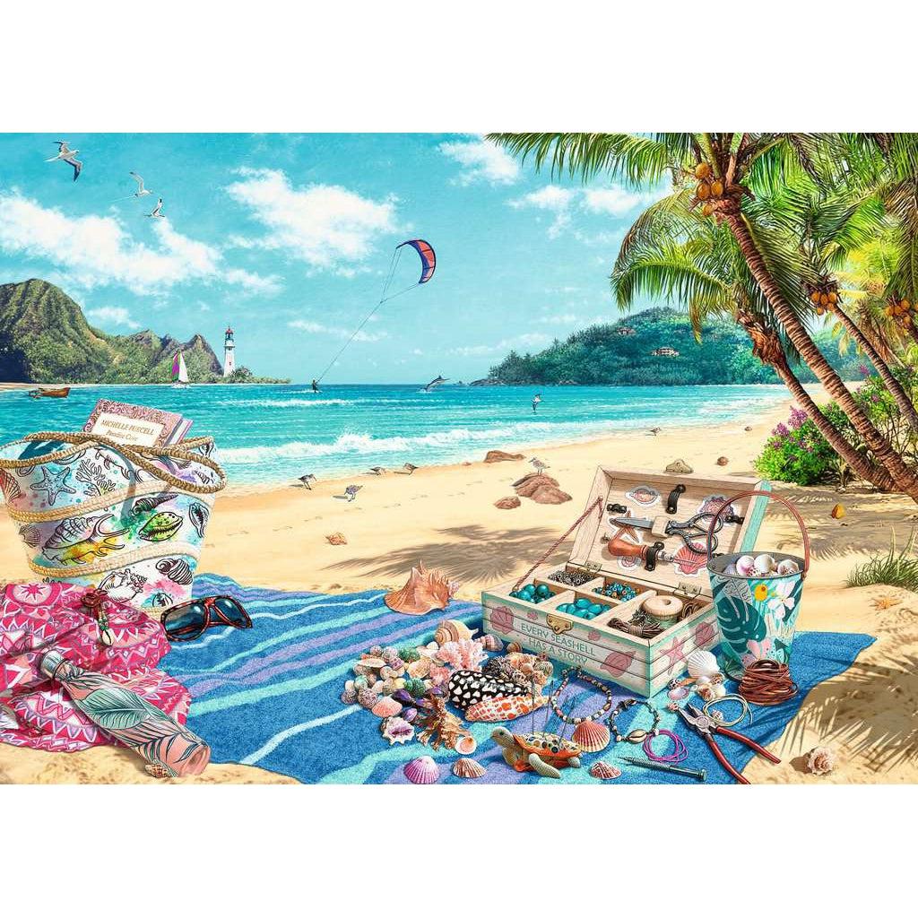 Puzzle image | Illustrated beach scene. | A towel sits on the beach with a bag, water bottle, sunglasses, pile of sea shells, and a large box with jewelry making contents. | The beach is bordered by palm trees and littered with shells. In the distance a wind surfer, lighthouse, and other small pieces of land can be seen.