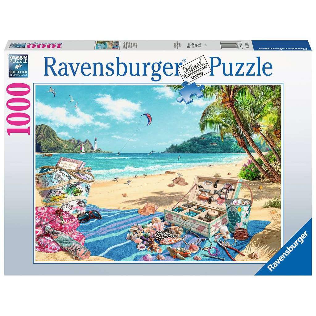 Puzzle box | Image is an illustrated beach scene with a towel, pile of shells and jewelry making kit. | 1000pc