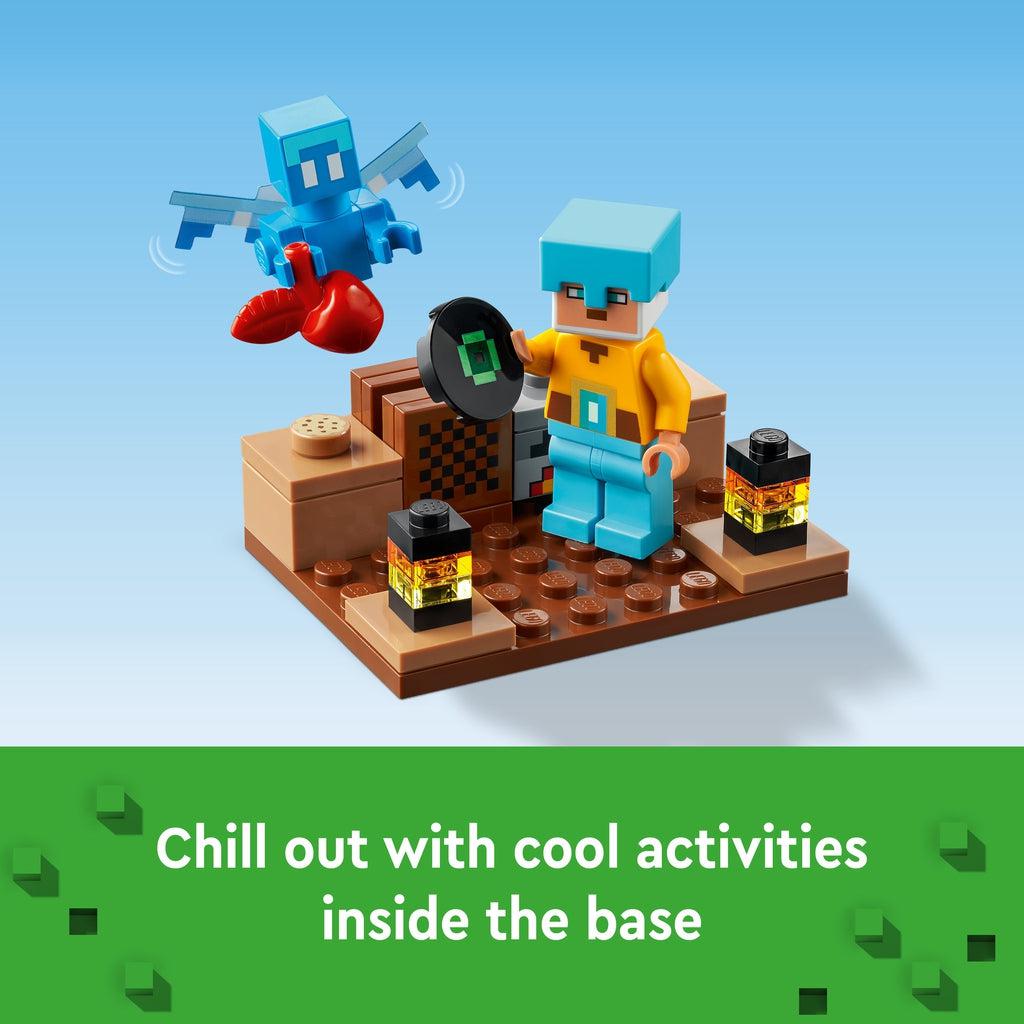 One of the MC characters and the allay are shown on a small brown tile and the character is holding a MC music disk while standing next to a MC juke box. Image reads: Chill out with cool activities inside the base.