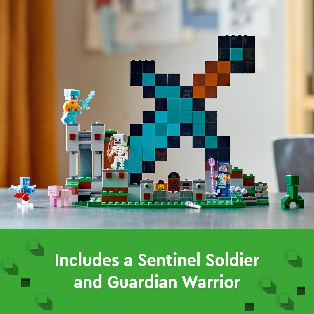 The whole set is shown sitting on a table. Image reads: Includes a sentinel soldier and guardian warrior. (these are the two Minecraft character Minifigures)
