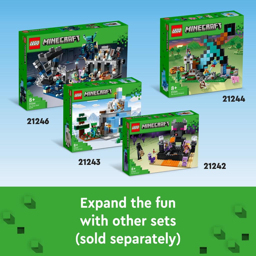 4 sets from the lego minecraft line are shown including: 21246, 21243, 21242, and this set 21244. Image reads: Expand the fun with other sets (sold seperately).