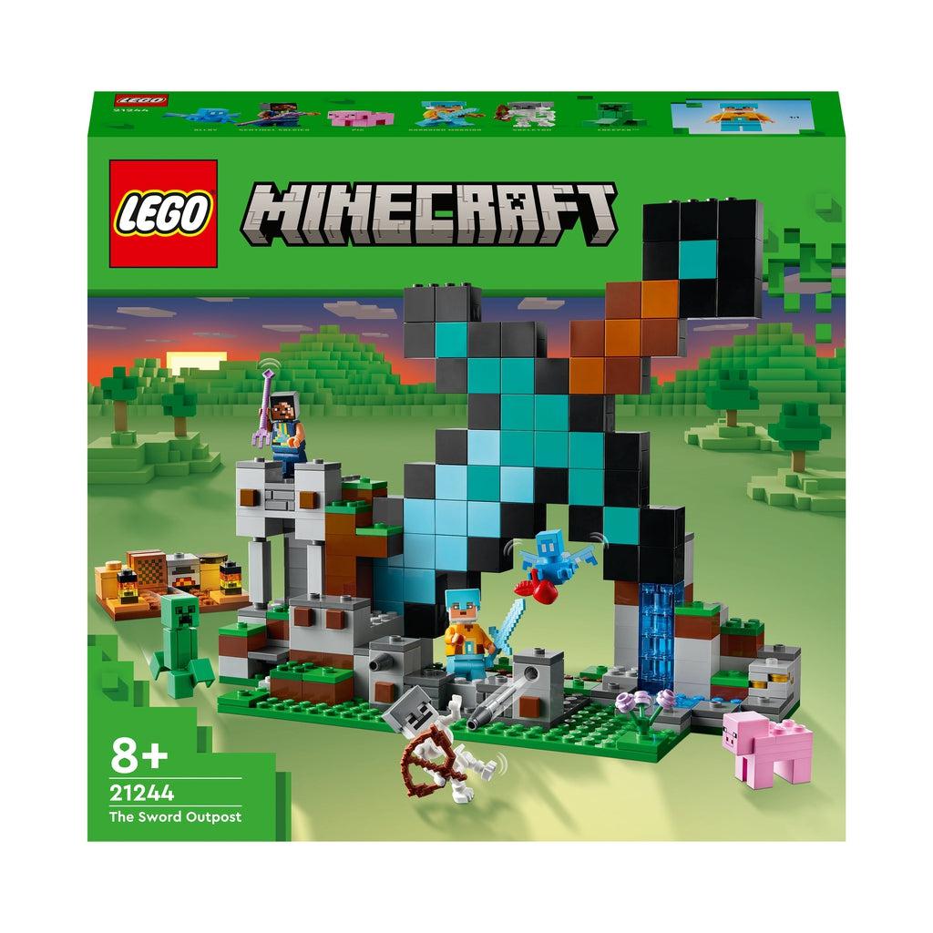 The box shows the set which is a hill with a large diamond sword sticking out of it. There are two minecraft characters fighting various mobs and an allay (a blue fairy) and a pig.