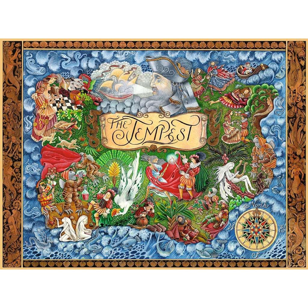 Puzzle is of many illustrations depicting the main characters from Shakespeare's "The Tempest" surrounded by a sea full of creatures and an ornate border. A scroll in the very center reads "The Tempest". 