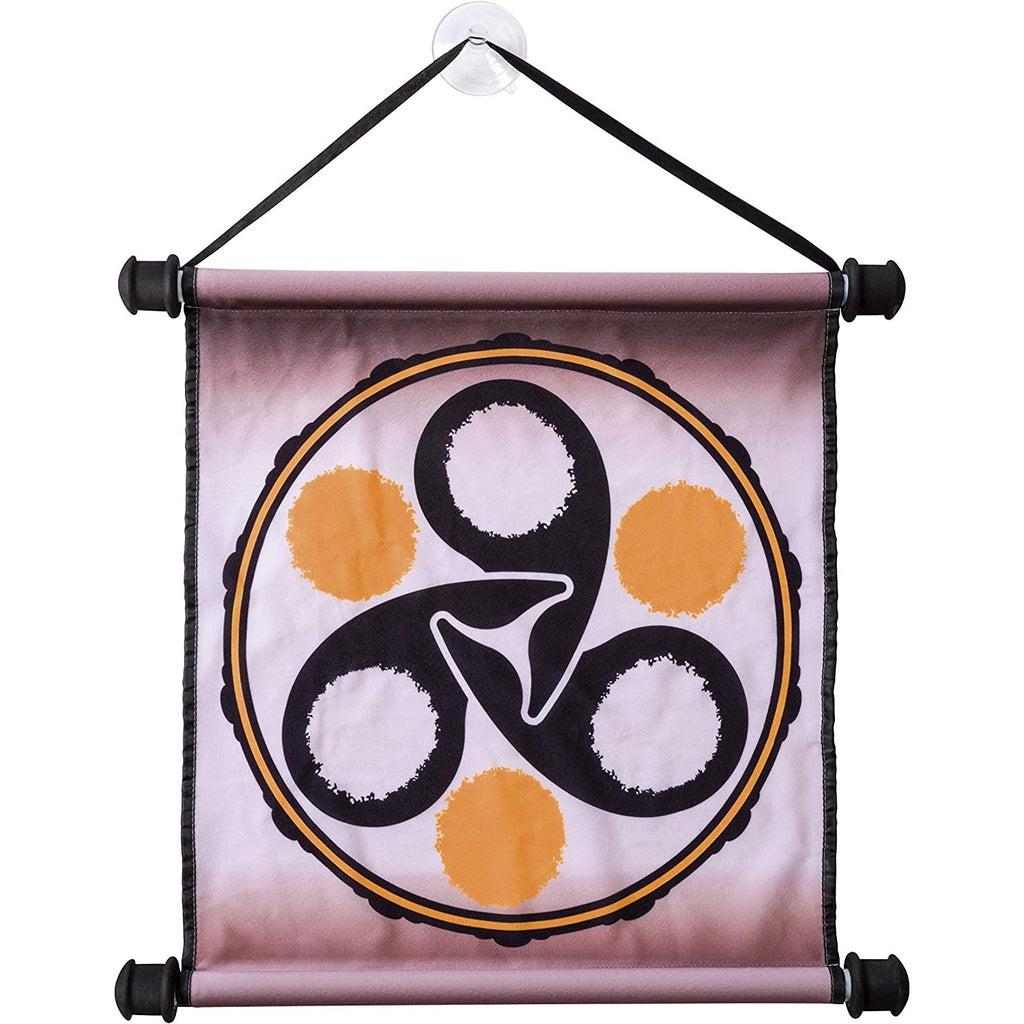 The target is a styled like a scroll, it has a pattern of 3 overlapping symbols on a velcro mat that allows the stars to stick to it