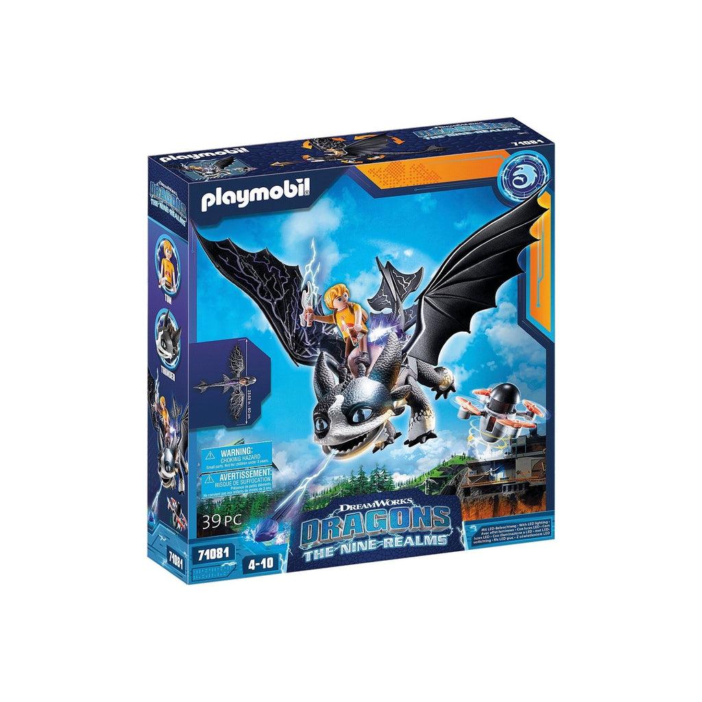 Image of the packaging for the Thunder & Tom play set. On the front is a picture of Tom riding the dragon through the air holding a thunder bolt.