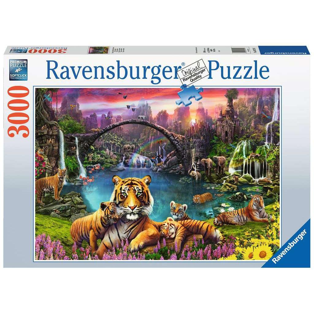 Image shows front of puzzle box. It has information such as the brand name, Ravensburger, and piece count (3000pc). In the center is a picture of the finished puzzle. Puzzle described on next image.