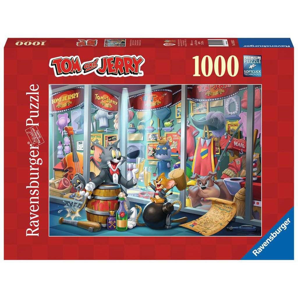 Ravensburger puzzle box | Image of cartoon characters Tom and Jerry in front of a memorabilia case | 1000pc