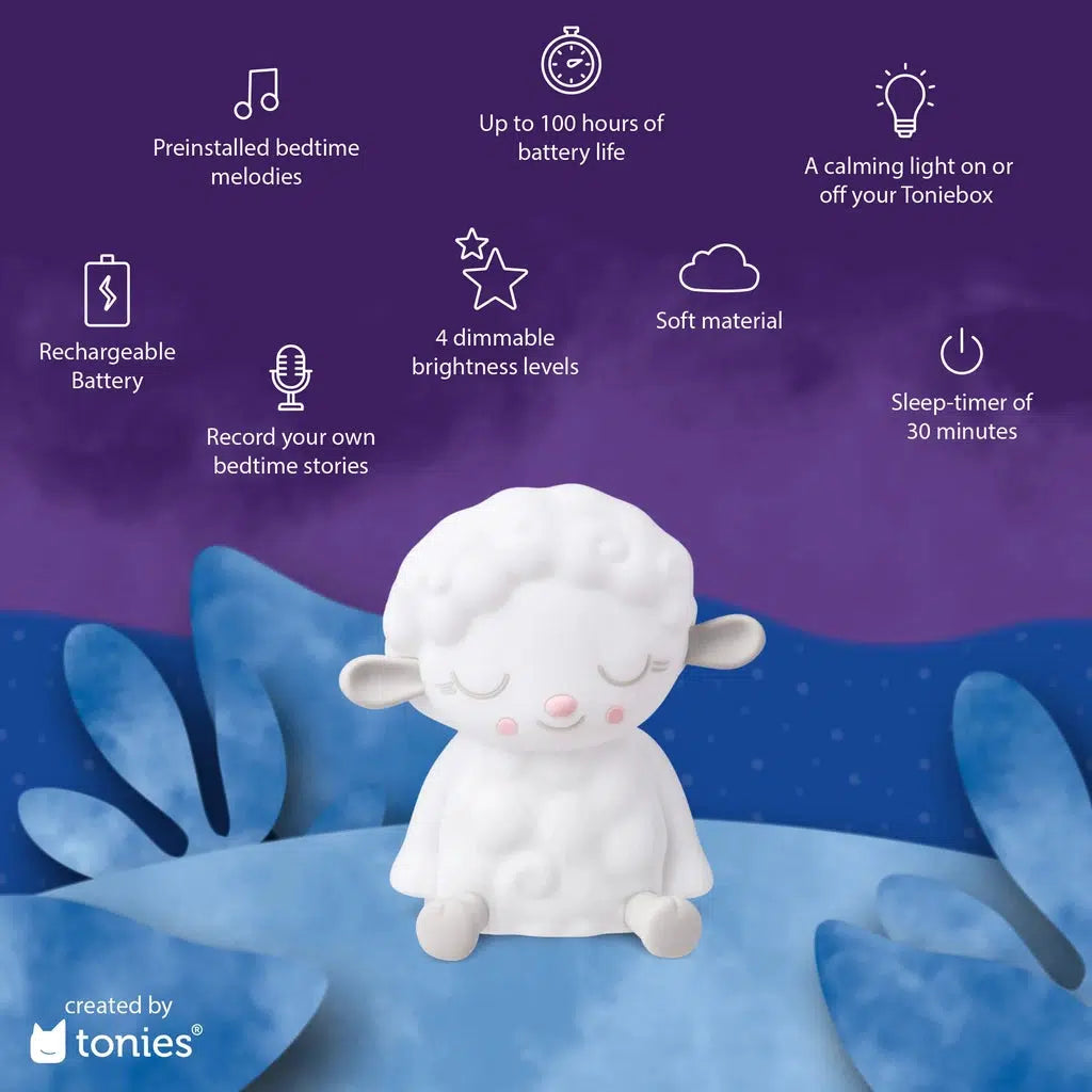 Sleepy Sheep Night Light Tonie features including preinstalled bedtime melodies, rechargeable battery, and a sleep timer of 30 minutes