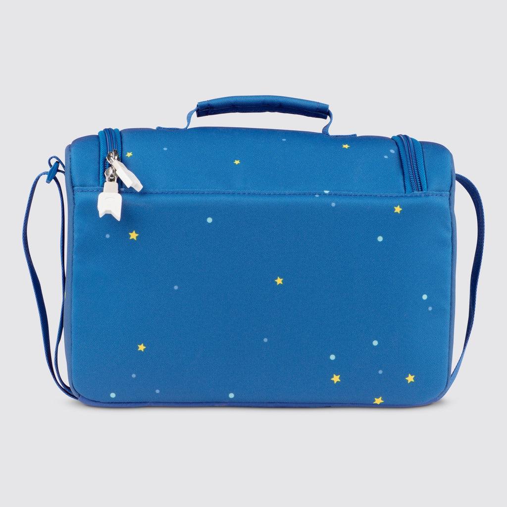 The back of the bag has stars decorating the blue material. The top zippers handles are shaped like rounded squares with Tonie Ears on them.