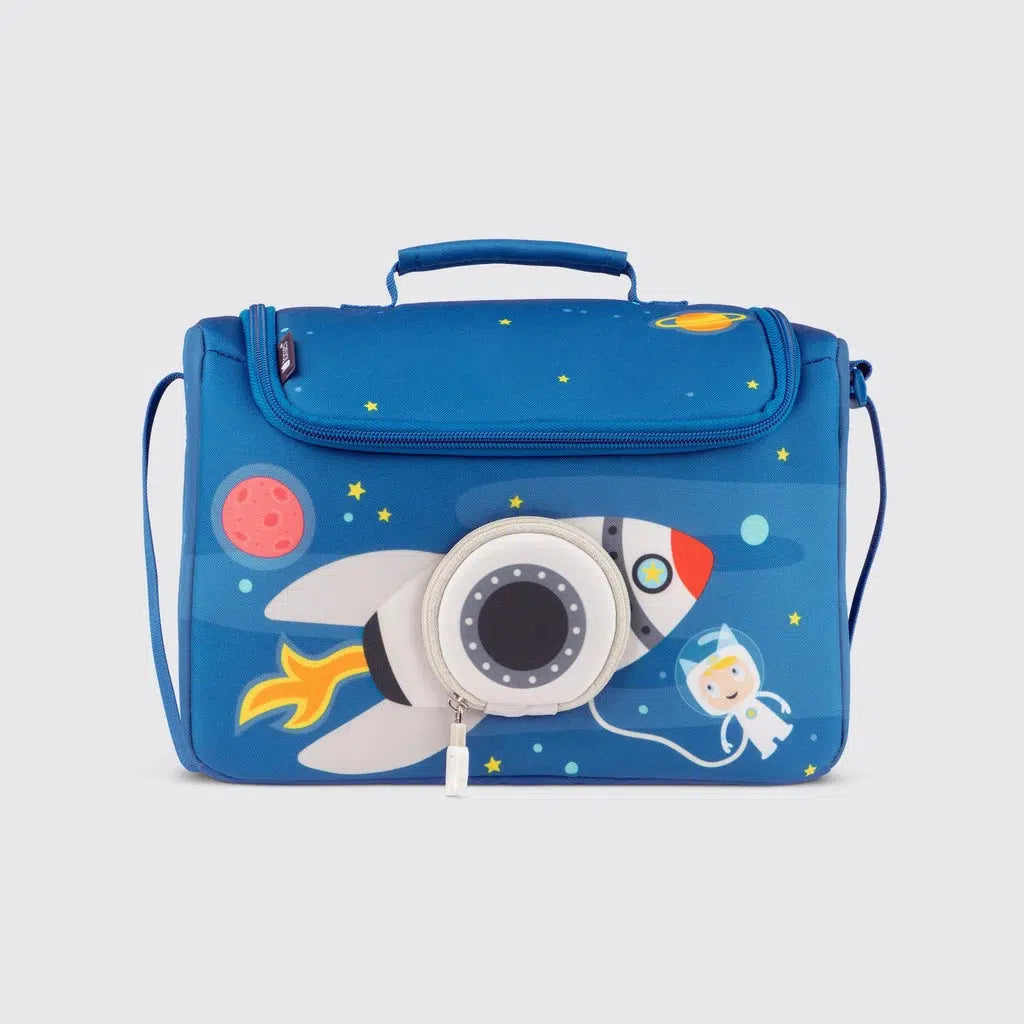 The bag is blue with planets and stars decorating it, there is a spaceship and astronaut on the front and the middle window of the ship can be opened up. The main opening is a zipper along the top front and sides to open the whole top.