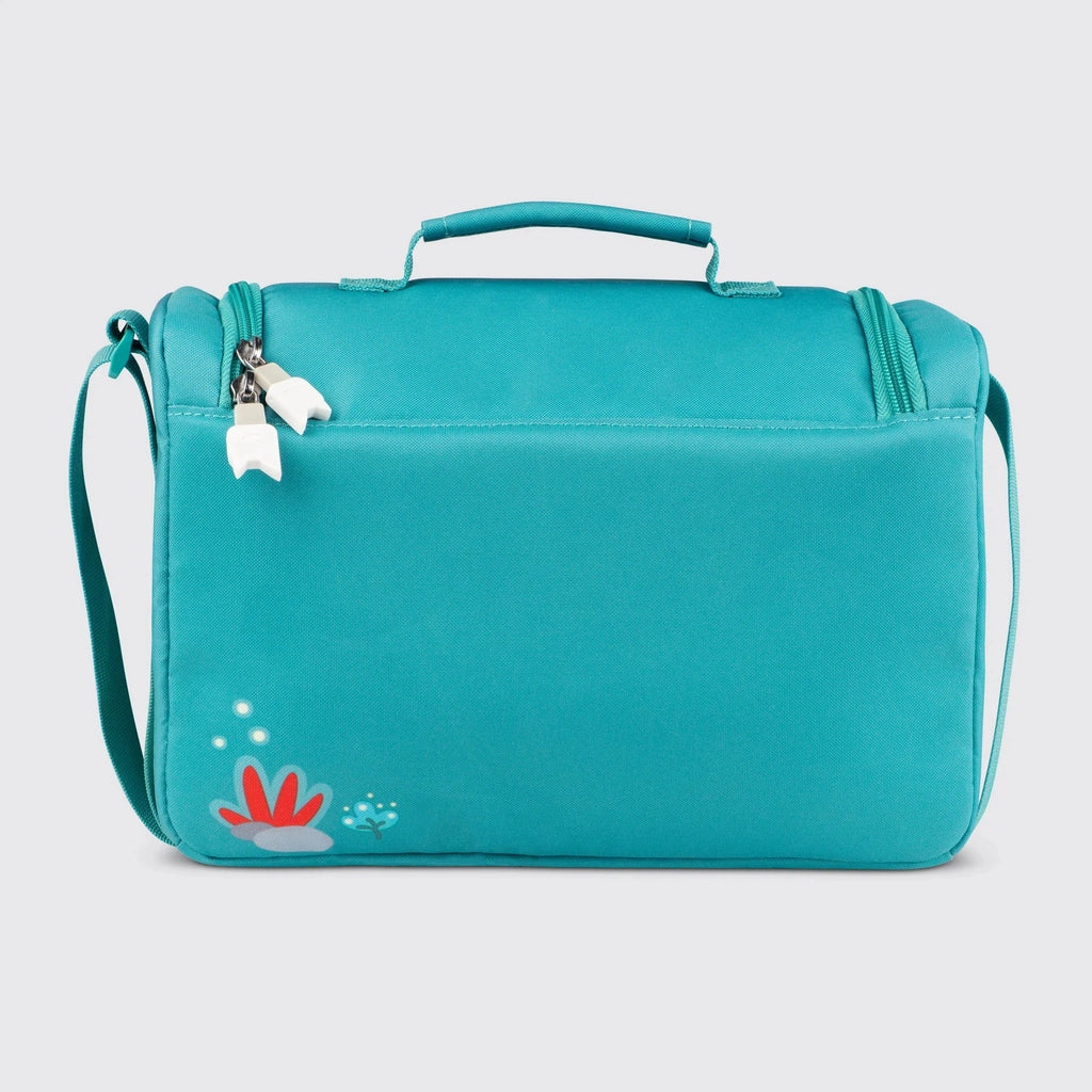 The back of the bag has small docorations in the bottom left corner, the rest is just the teal material. The top zippers handles are shaped like rounded squares with Tonie Ears on them.
