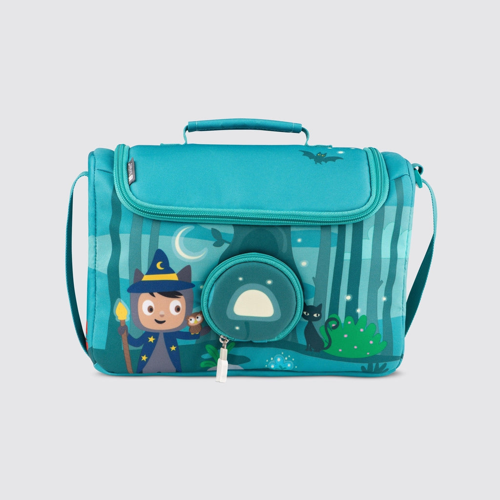 The bag is teal with a wizard kid in a forest, the loudspeaker flap is over a tree in the center. The main opening is a zipper along the top front and sides to open the whole top.