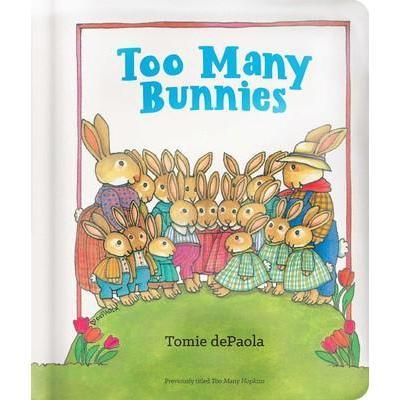 The cover shows fifteen bunnies crowded together like a large family all trying to fit into a group photo