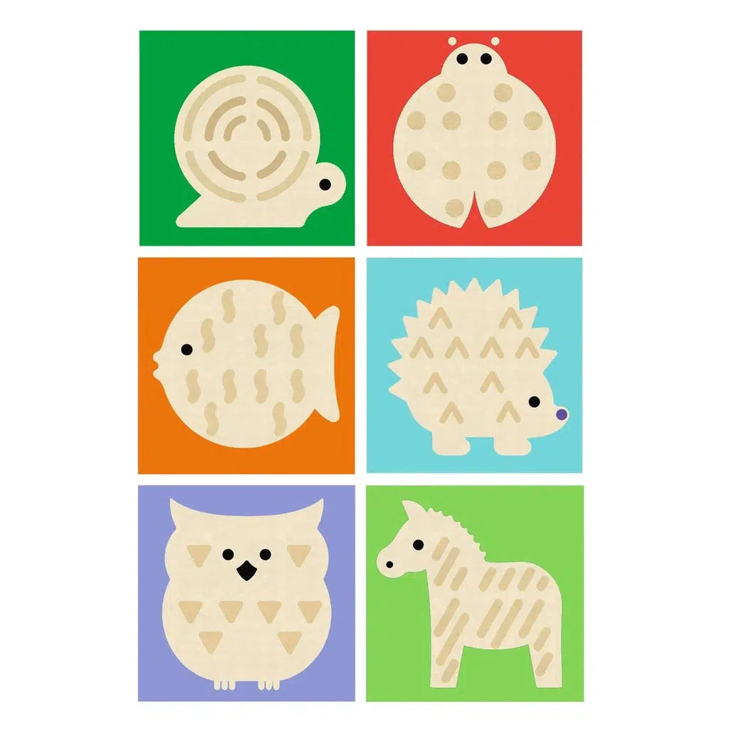 You can make a total of 6 different animals with the four included wooden blocks. You can also make a snail, a fish, and an owl.