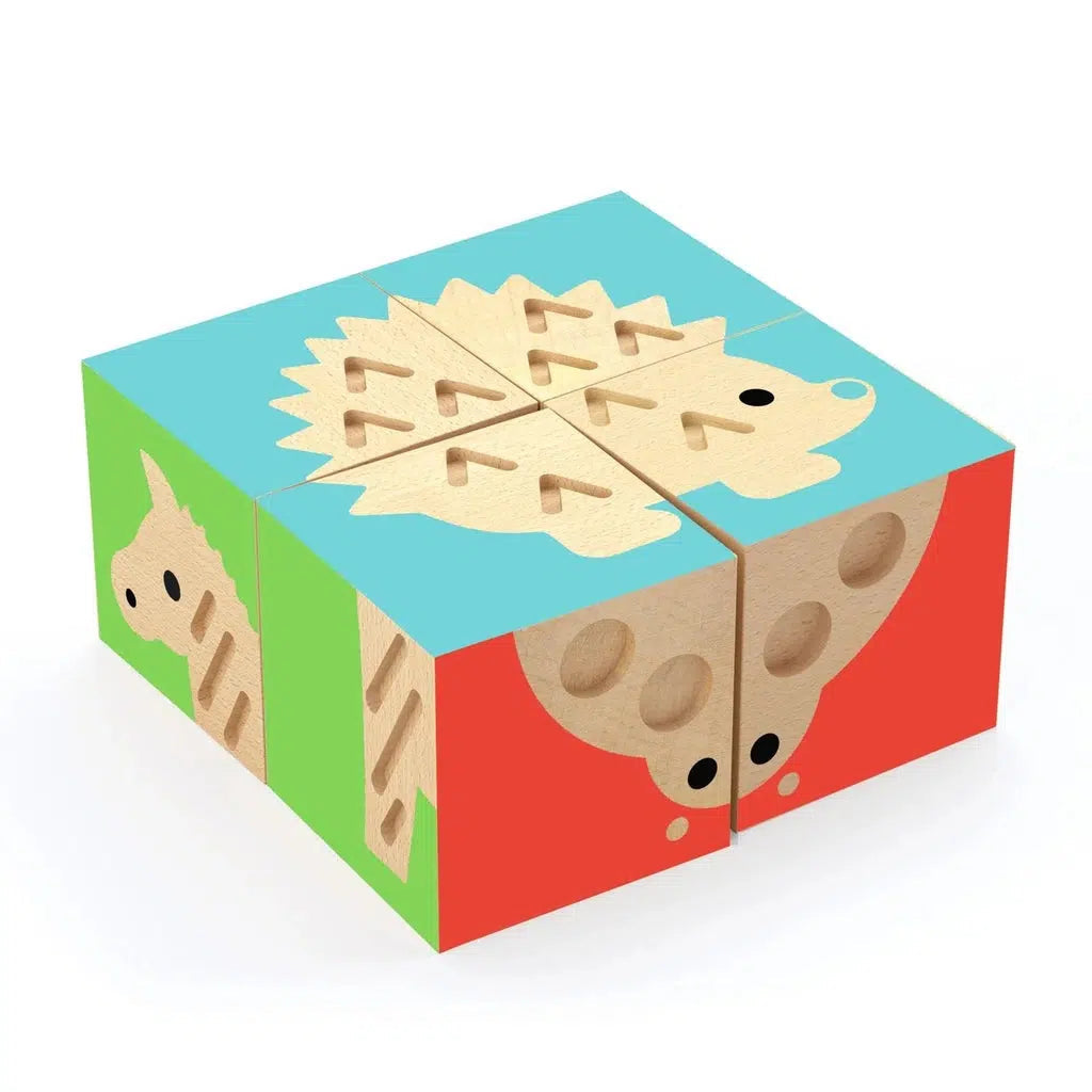 Image of the Touch Basic Wooden Puzzle. Each side has part of an animal on it such as a hedgehog, a unicorn, and a ladybug.