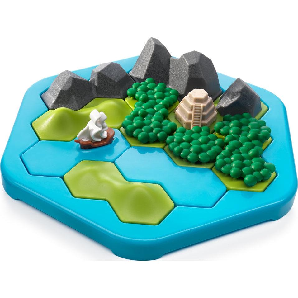 Game board is a blue plastic hexagon with multiple hexagonal indentations to fit game pieces. | Game pieces consist of flat blue with and without ship figure, green pieces with raised hills, large gray rock formations, or dark green tree cover, and a green piece with a tan temple formation.
