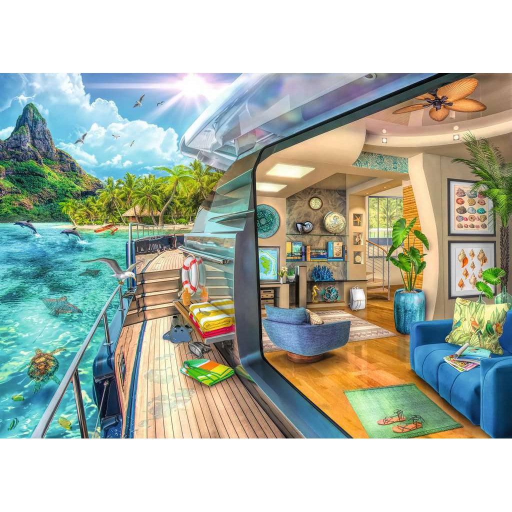 Image of puzzle | Point of view angle from standing on the deck of a charter boat. Interior of boat includes a furnished sitting area. View away from boat includes ocean water with sea life and an island with a large mountain and palm trees