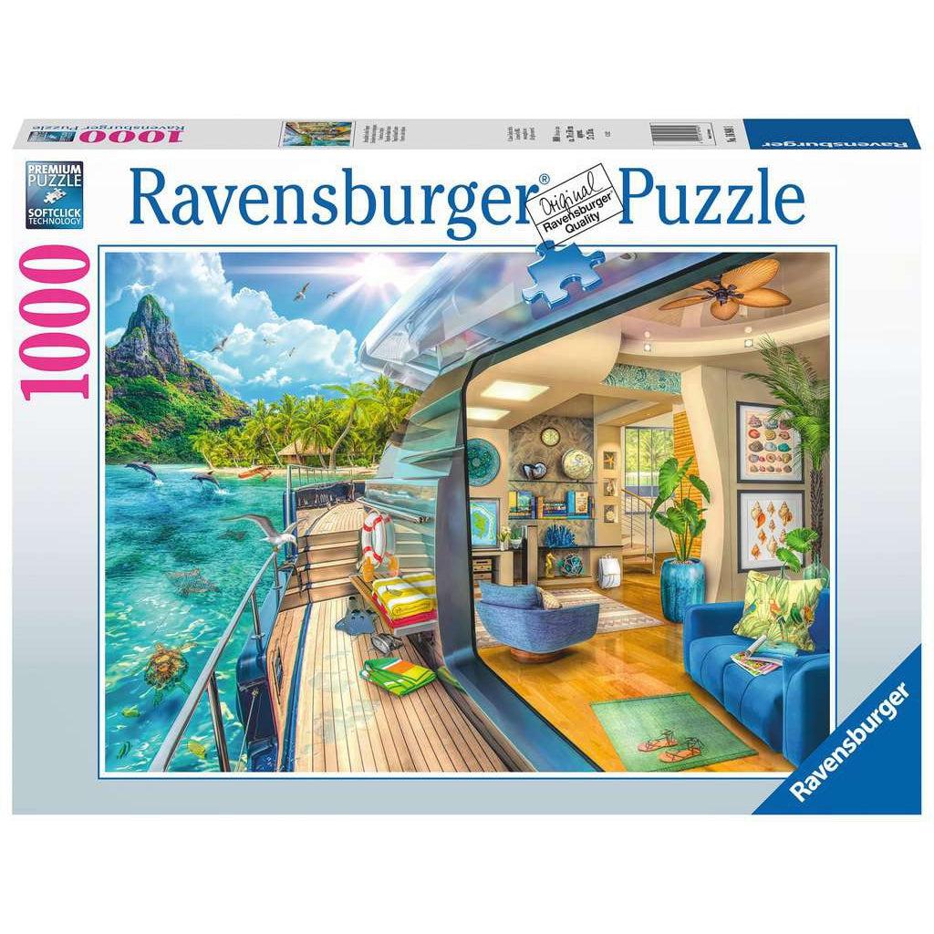 Ravensburger puzzle box | Image with view of charter boat interior, ocean water, and a tropical island | 1000pcs