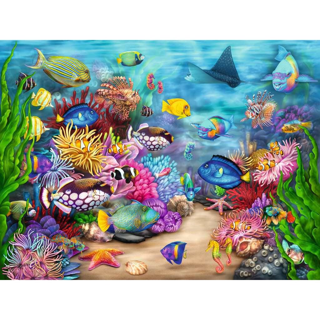 Puzzle is an underwater coral reef with corals of all different types and colors. There are many fish that live there like butterfly fish, sea horses, stingrays, and many more!