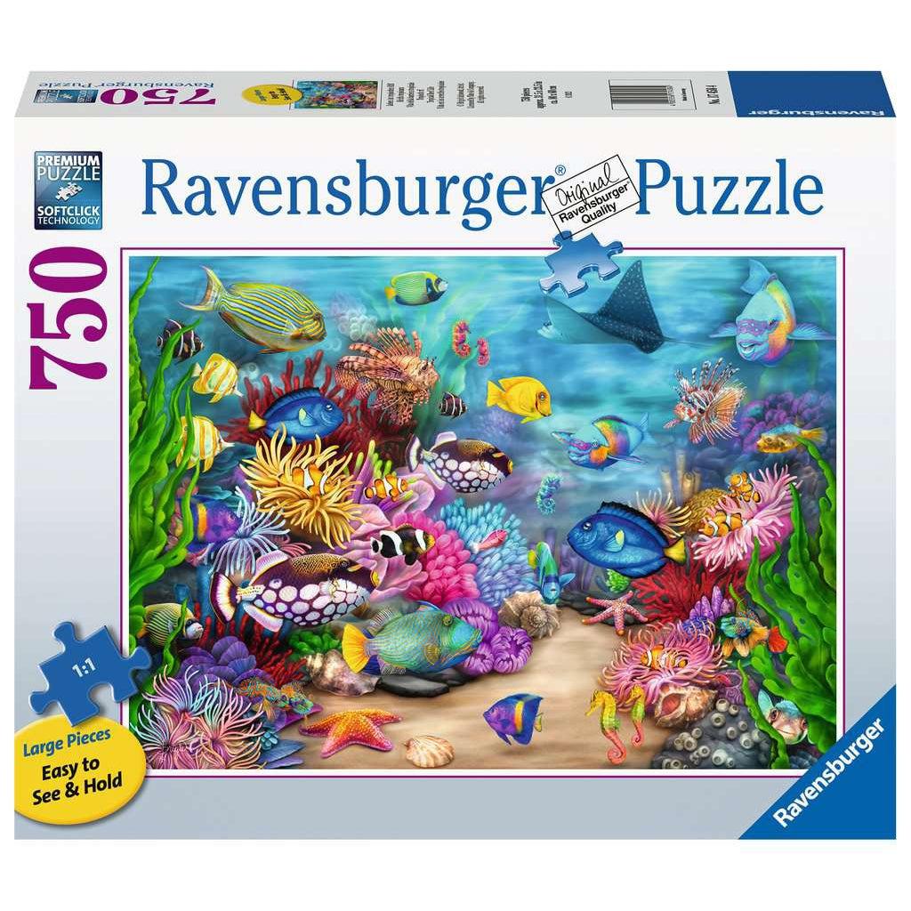 Image shows front of puzzle box. It has information such as brand name, Ravensburger, and piece count (750 XL). In the center is a picture of the finished  puzzle. Puzzle described on next image.