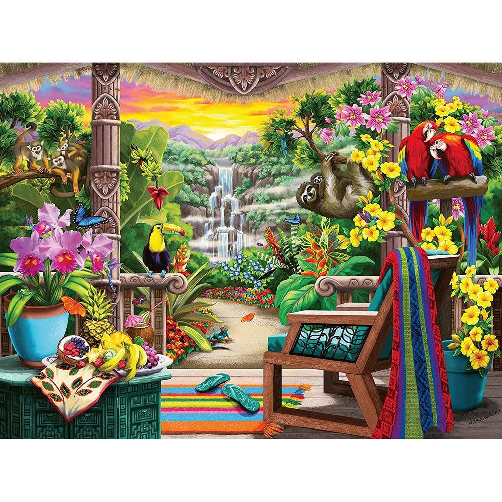 Puzzle is a beautiful landscape scene from a tropical house porch. It overlooks a majestic waterfall and you can see many animals! There are sloths, parrots, toucans, and monkeys.