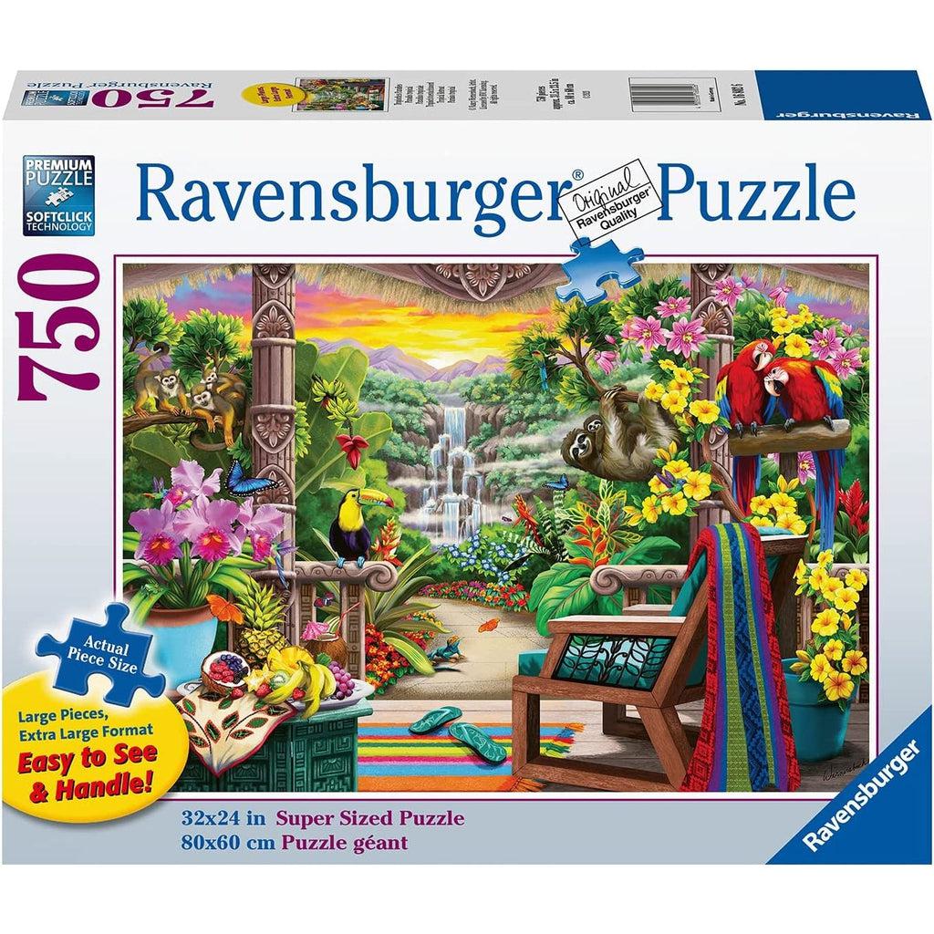 Image shows front of puzzle box. It has information such as the brand name, Ravensburger, and piece count (750pc XL). In the center is a picture of the finished puzzle. Puzzle described on next image.