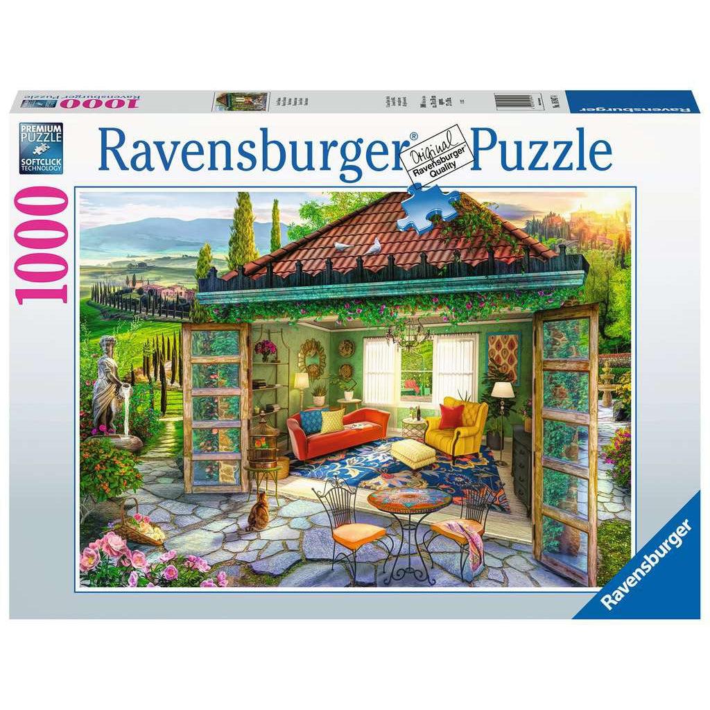Ravensburger puzzle box | Image of small building with sitting area, outside greenery spreads behind the building | 1000pcs