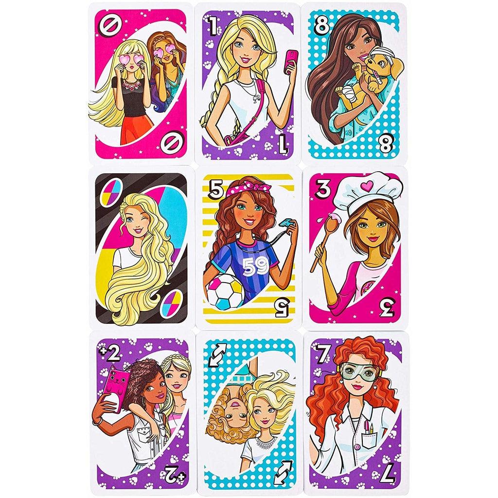 Example cards from game | Illustrations portray Barbie and her friends having fun together, or in careers. Career images include a vet, scientist, chef, and more. | Card colors are hot pink, bright purple, yellow, and bright light blue.