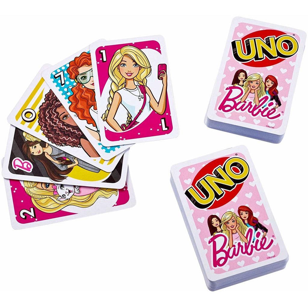 Face and back of cards | Back side is light pink with white hearts, the Uno logo, the Barbie logo, and a small illustration of Barbie with two friends. | Face side of cards has images, colors, symbols, and numbers as described in previous image.