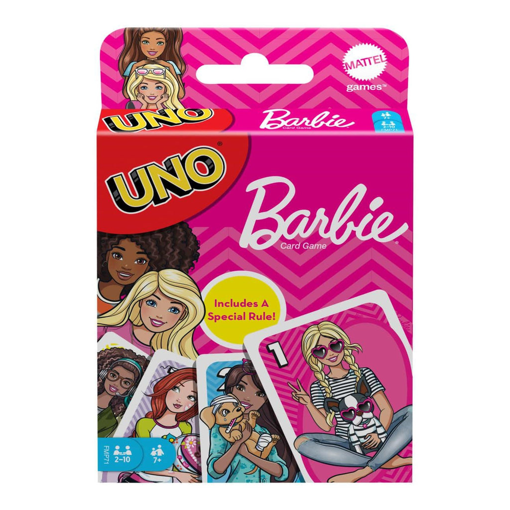 Barbie Uno Packaging | Pink zig-zag packaging | Front has Barbie and Uno logos as well as pictures of some of the game cards.