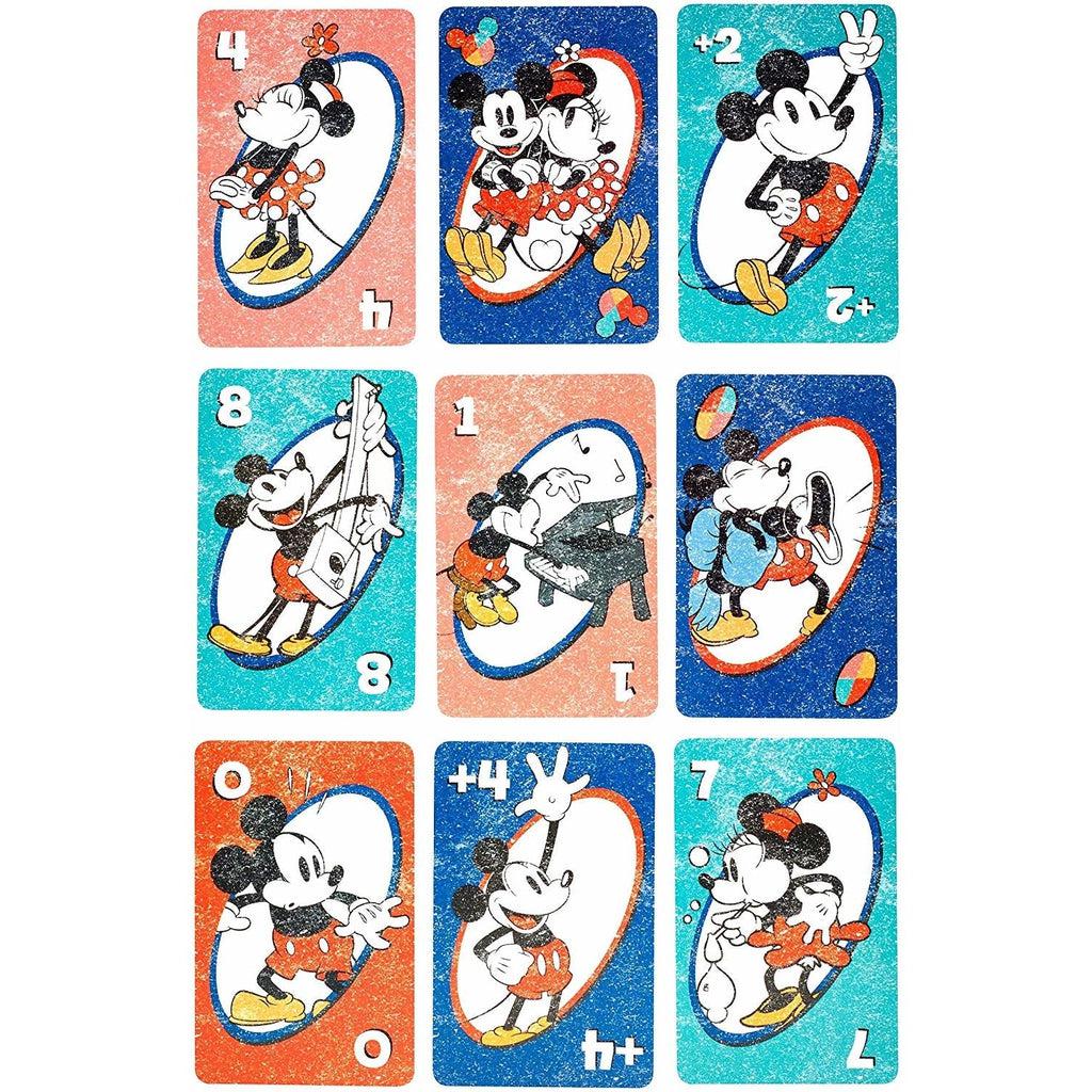 Examples of game cards | Card colors are light pink, dark blue, teal, and dark orange. | Illustrations on cards contain vintage illustrations of Mickey and Minnie together and separate, performing activities such as playing the piano or blowing bubbles.