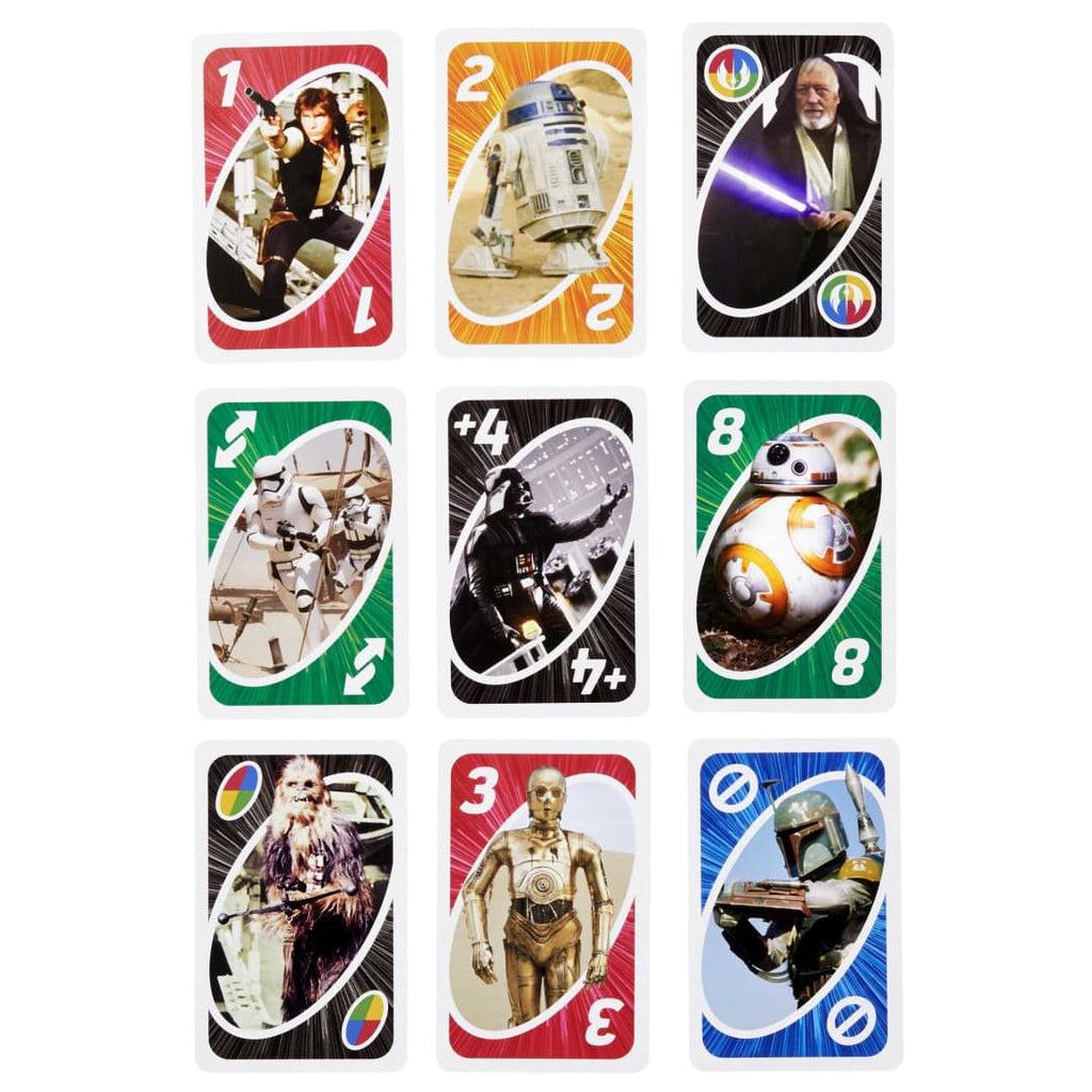 Example game cards | Card colors are red, yellow,  blue, and green. | Images on cards include classic characters from the original trilogy, the prequels and the sequels.