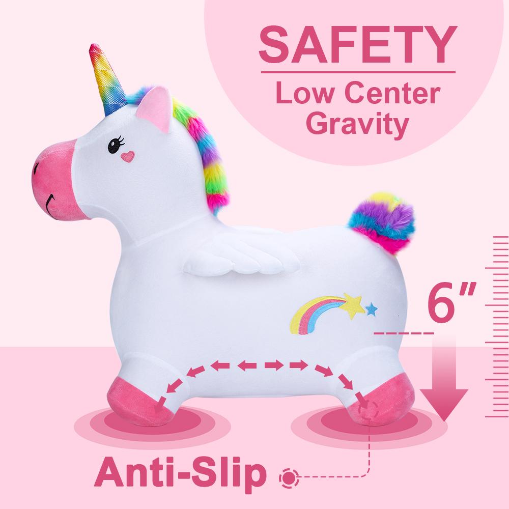 the unicorn has a low center of gravity and anti slip hooves for a fun and safe time