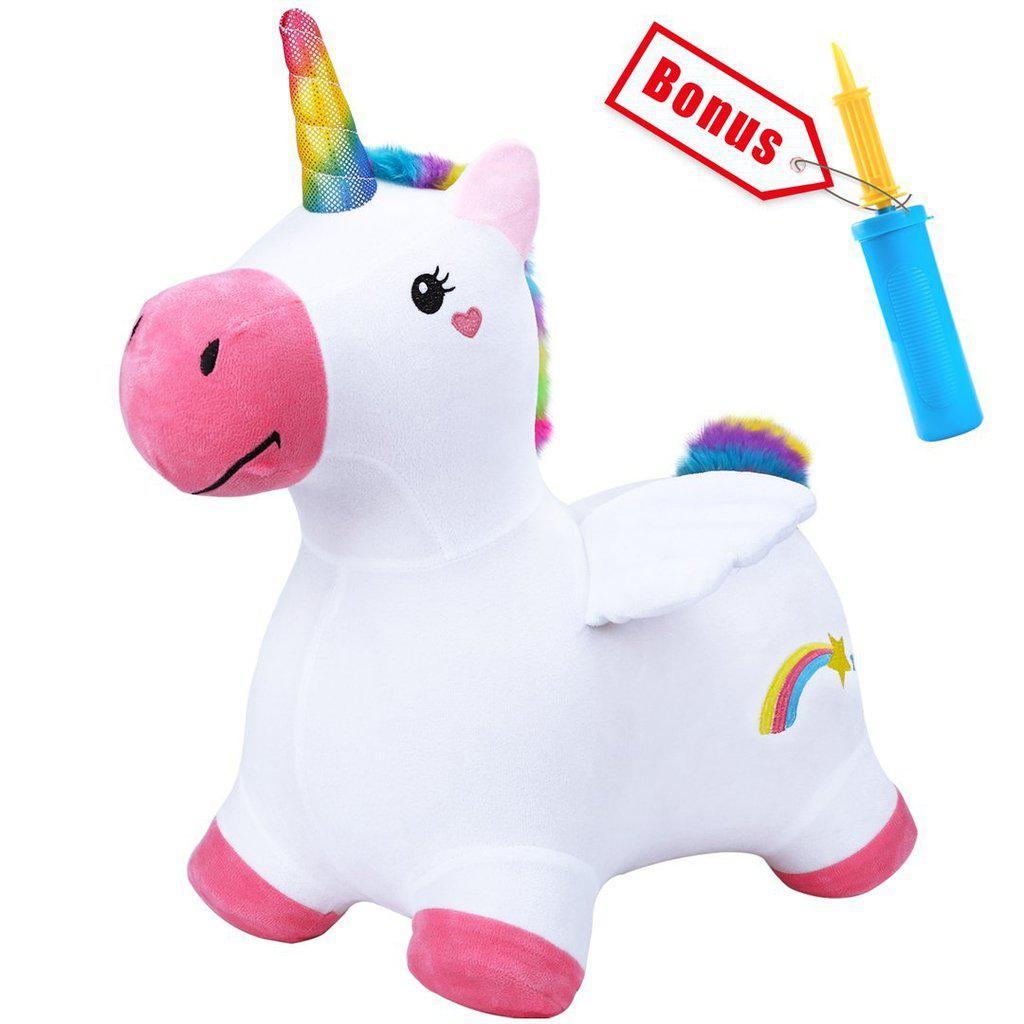 this image shows a unicorn that comes with an air pump. the unicorn is safe to bounce around on and have loads of fun with!